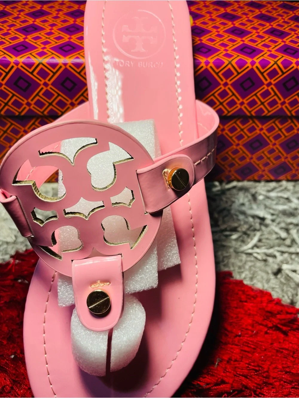 Tory Burch Pink Logo Jelly Thong Sandals with Gold Accent
